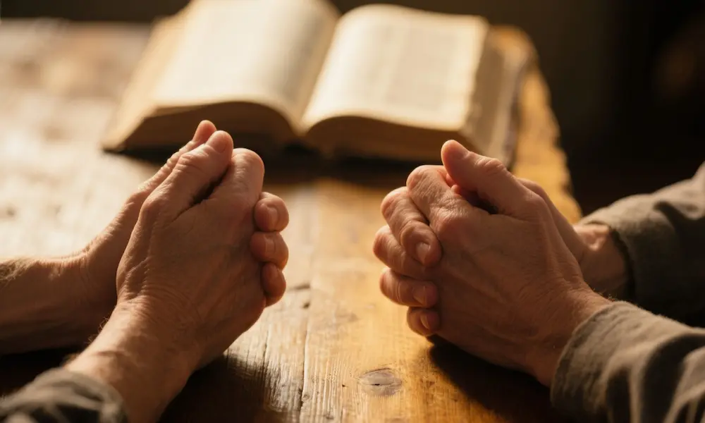 Close-up of two hands folded in prayer on a wooden table with warm morning light and a blurred open Bible behind.