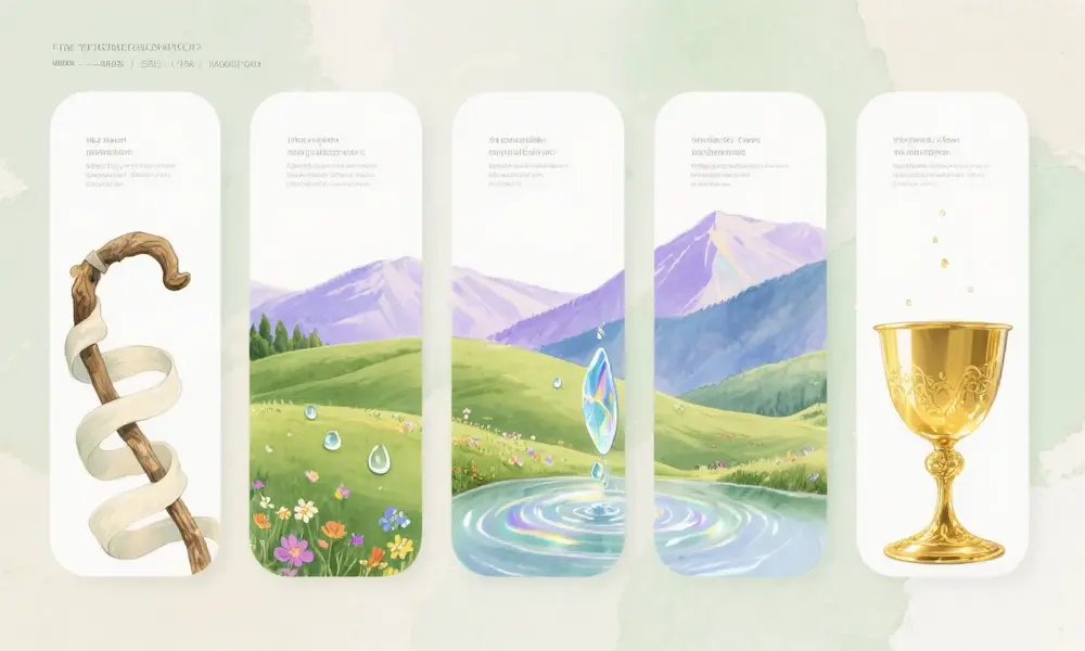 Infographic showing Psalm 23’s verses with icons: shepherd, green pastures, still waters, valley, overflowing cup.