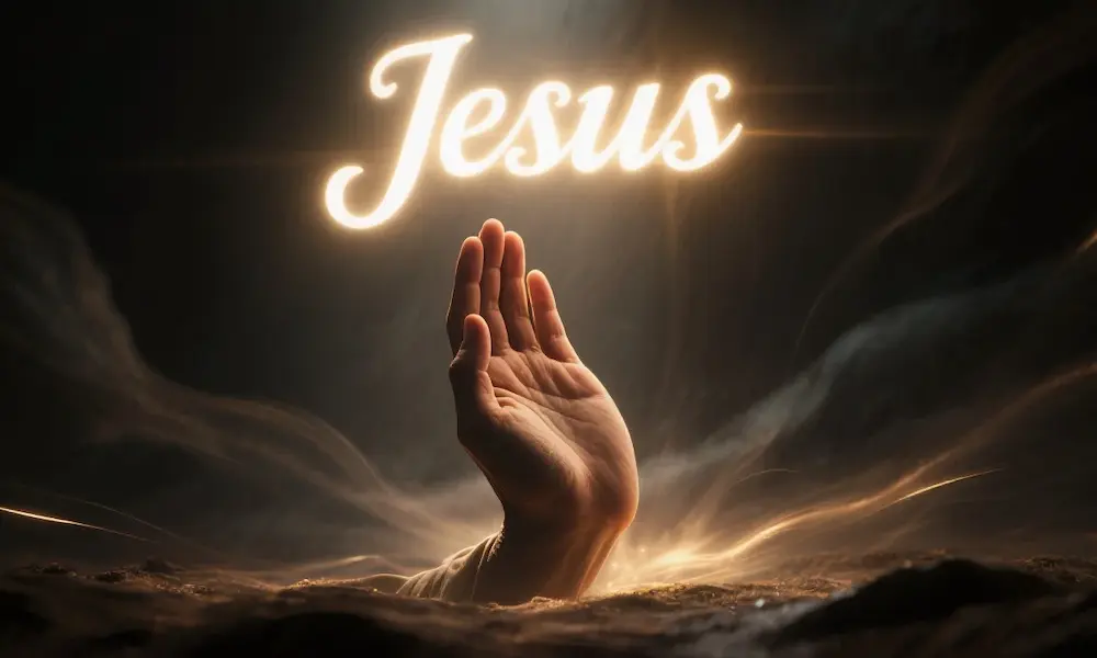 A hand raised in prayer, with the name ‘Jesus’ glowing above, casting out dark shadows.