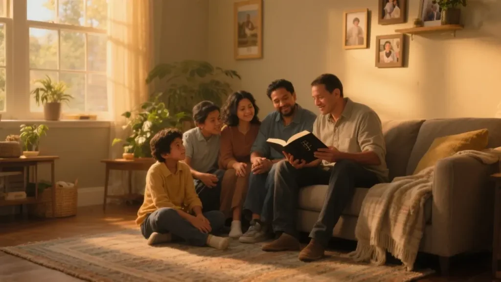 A family gathered, listening intently as scripture is read aloud, with a warm, glowing atmosphere.