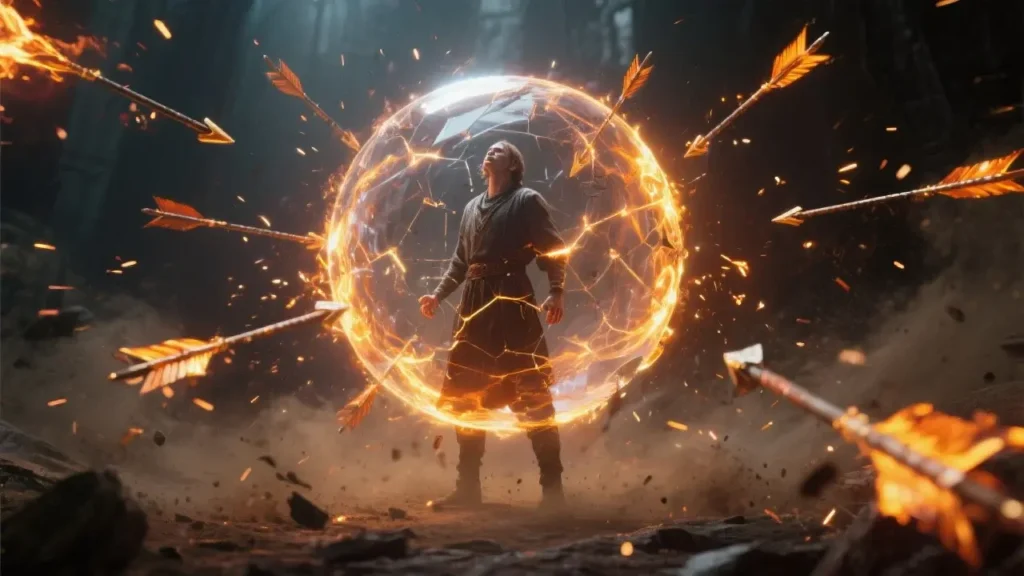 A glowing, transparent shield surrounding a person as fiery arrows bounce off harmlessly.