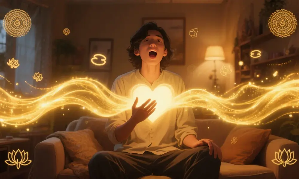 A person standing in their home, speaking scripture aloud, with visible waves of light emanating from their mouth.