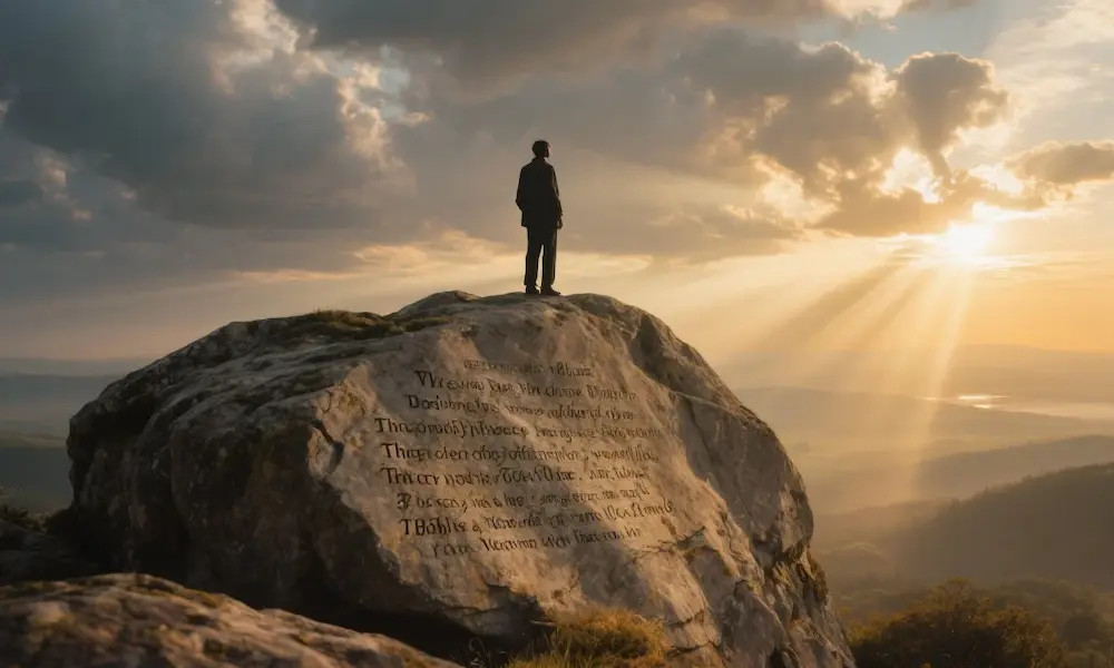 A person standing firmly on a rock inscribed with Bible verses, sunrise in the background.