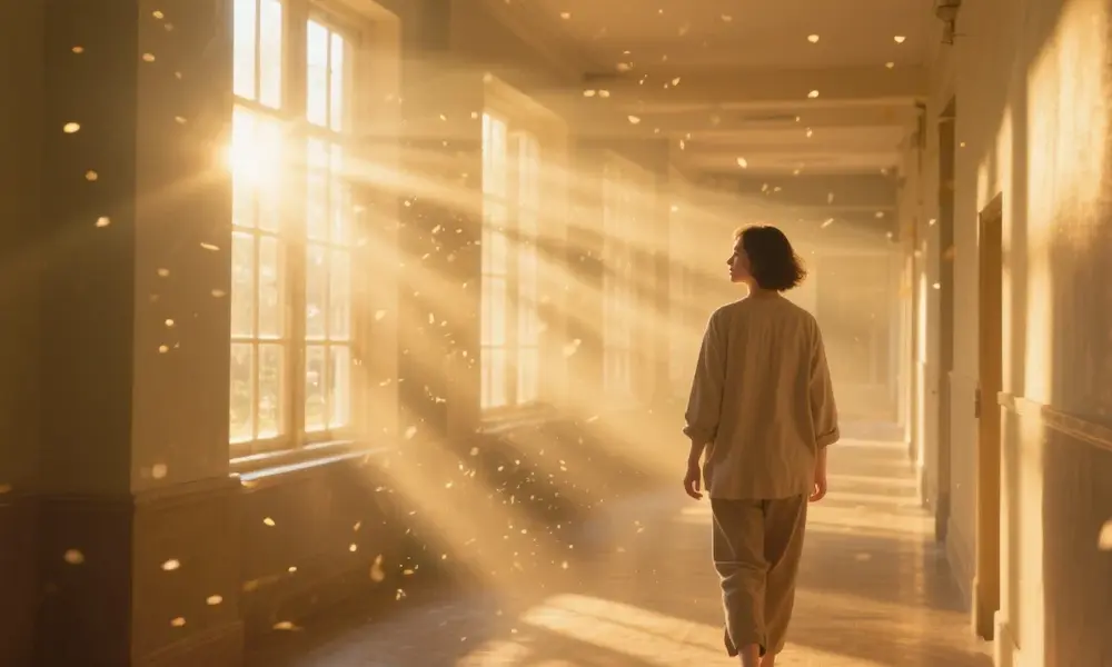 A person walking confidently down a hallway filled with radiant, golden light.