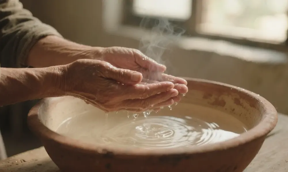Close-up of humble hands washing another person’s hands in a simple clay basin, symbolizing humility and grace.