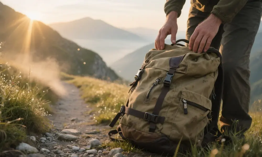 Close view of hands setting down a heavy hiking pack beside a dawn-lit mountain trail, symbolizing surrender to God’s strength.
