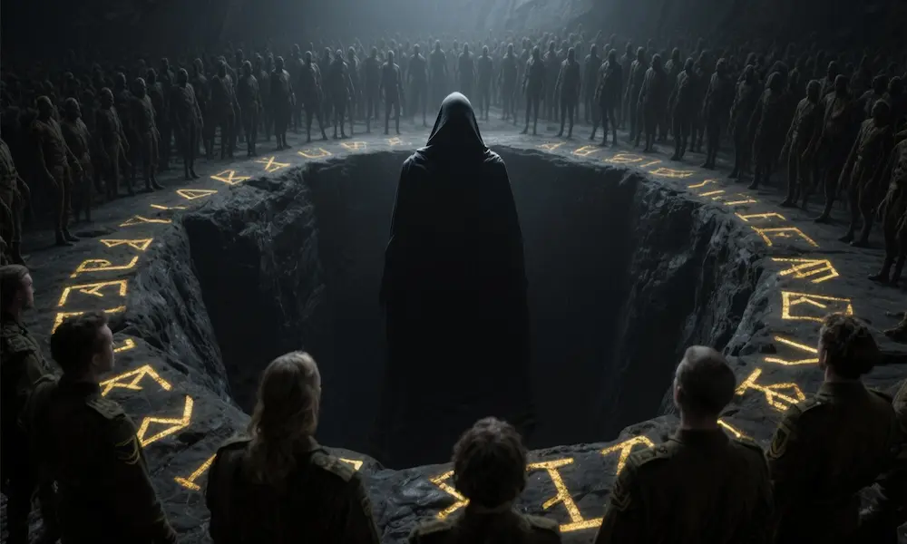 A shadowy commander at the mouth of a pit with a massing swarm behind — image of organized demonic leadership.