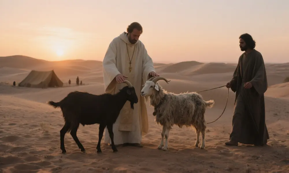 Sunset desert; a priest places hands on one goat while the other is led away into the wilderness.