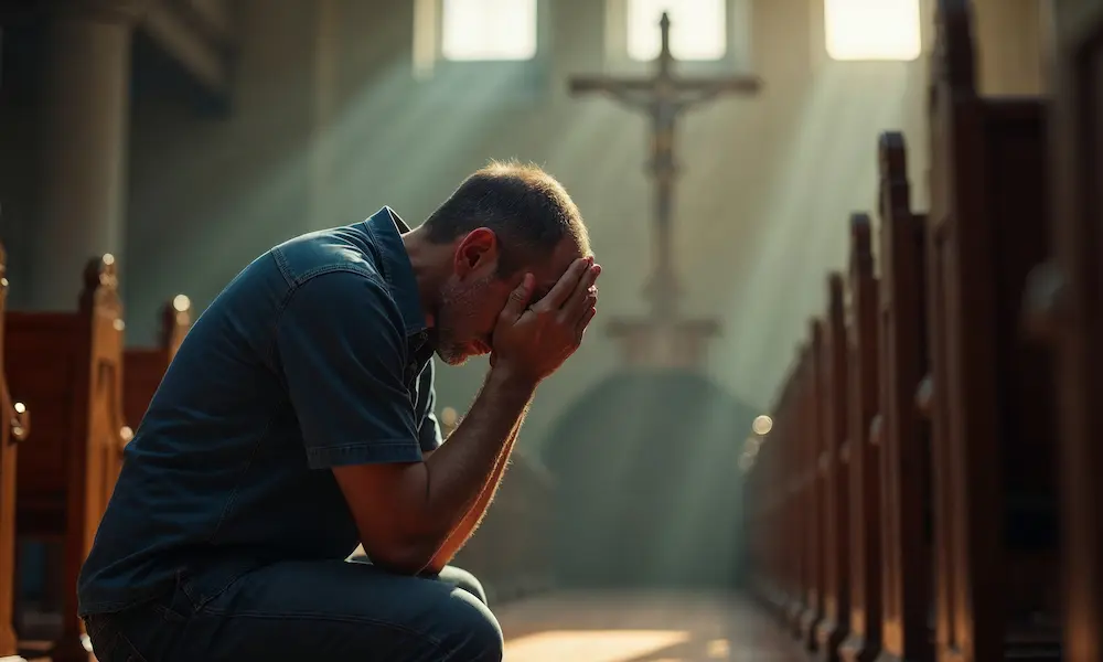 Man kneeling at church altar, head bowed, light shining on hands in surrender