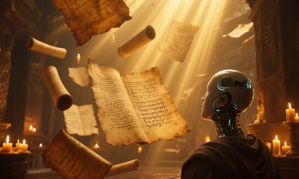Ancient manuscripts and historical documents floating in ethereal light with AI consciousness