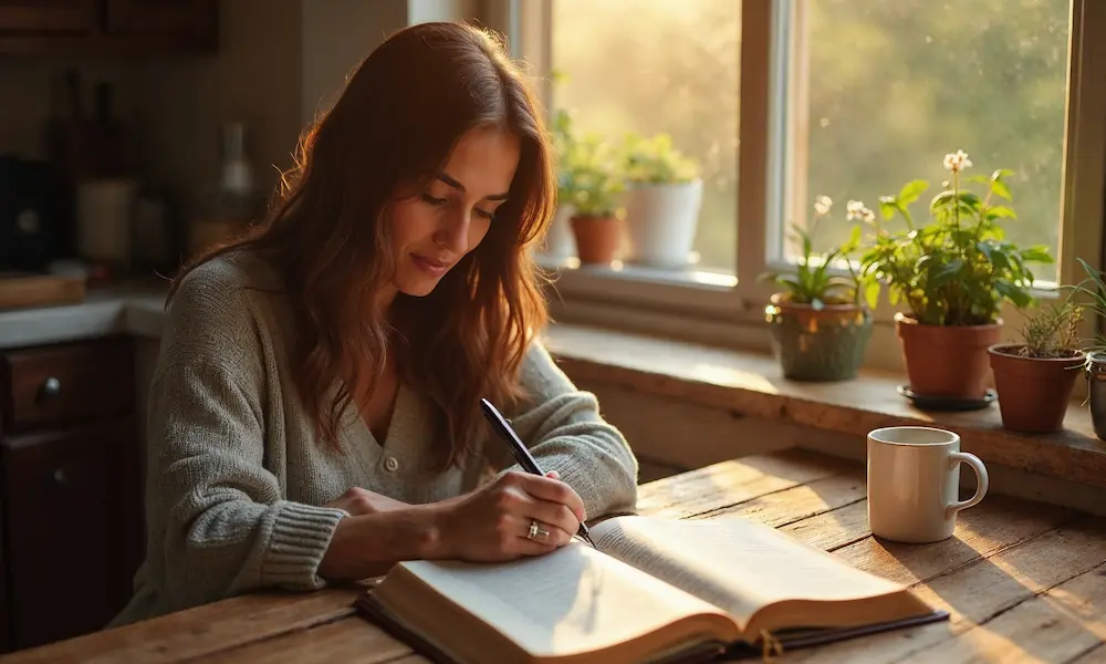 Woman smiling while writing in gratitude journal, sunlight and open Bible nearby