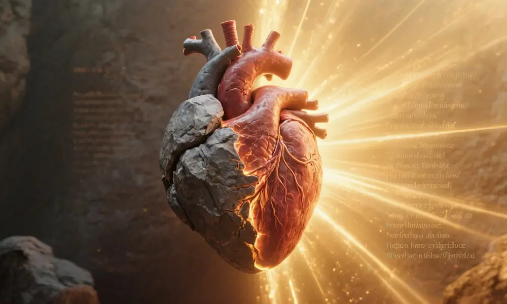 Heart transforming from stone to flesh, symbolizing spiritual rebirth.