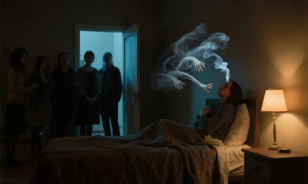 Person seated on a bed at dusk with indistinct smoke‑like forms near their head; supportive figures stand in the doorway.