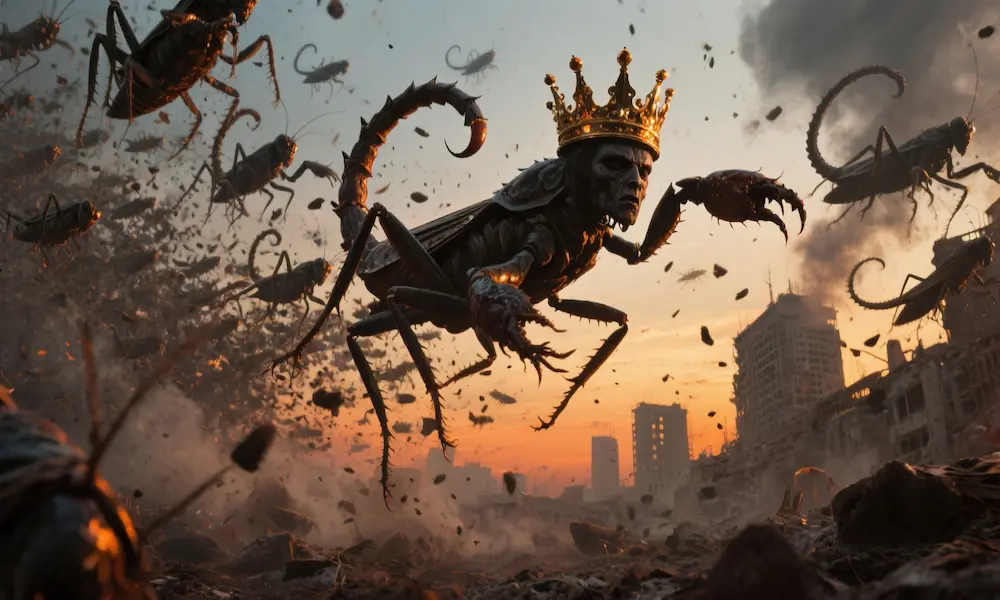 A dramatic swarm of locust-like creatures with crowns and scorpion tails flying over a ruined city at dusk.