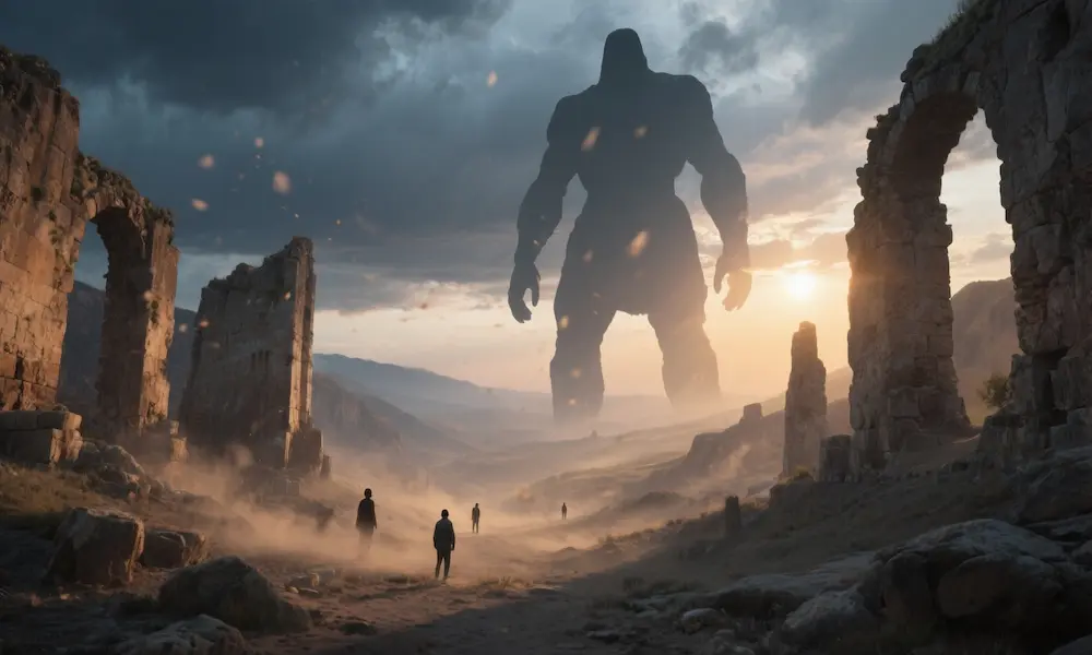 Dawn valley with enormous giant silhouettes looming over small human figures and ruins.