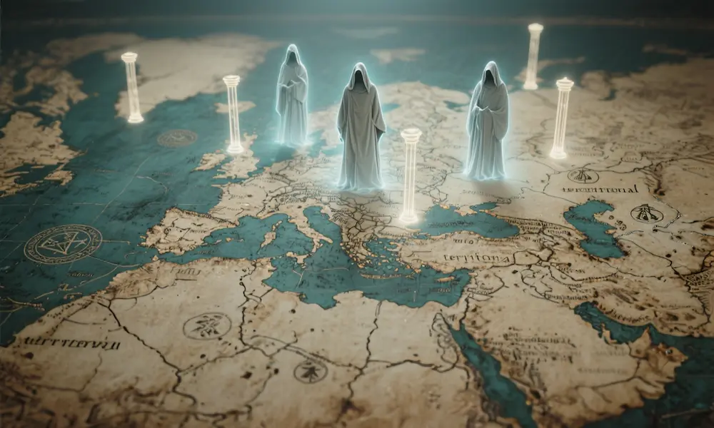 An ancient map overlaid with faint Hooded spirit-figures standing above regional markers, suggesting spiritual rulers.
