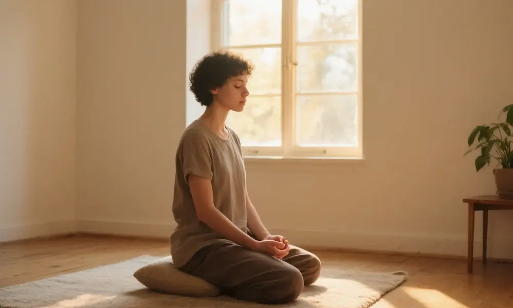 Person praying quietly in a private room, sincere prayer, intimate connection with God