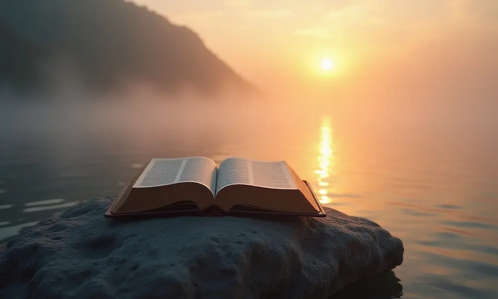 Open Bible by calm waters at sunrise