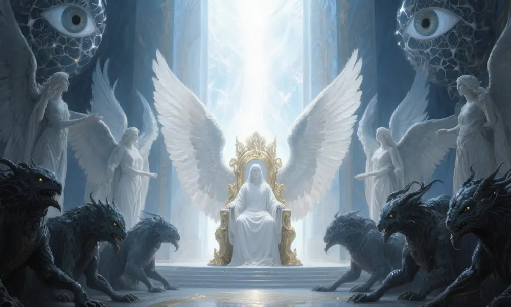 Luminous throne scene with winged seraphim and multi‑faced living creatures around a bright throne.