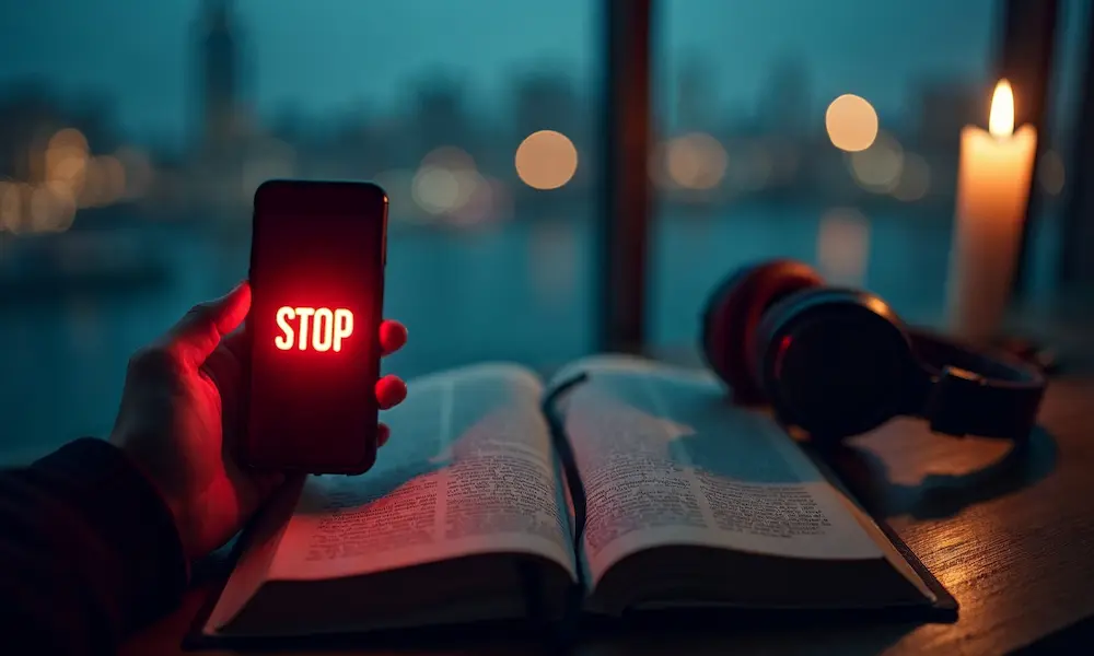 Hands holding a phone with a 'Stop' sign overlay, Bible and worship music in focus