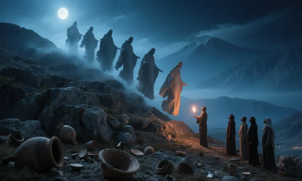 Silhouetted heavenly beings descending at night toward startled humans on a rocky plateau.