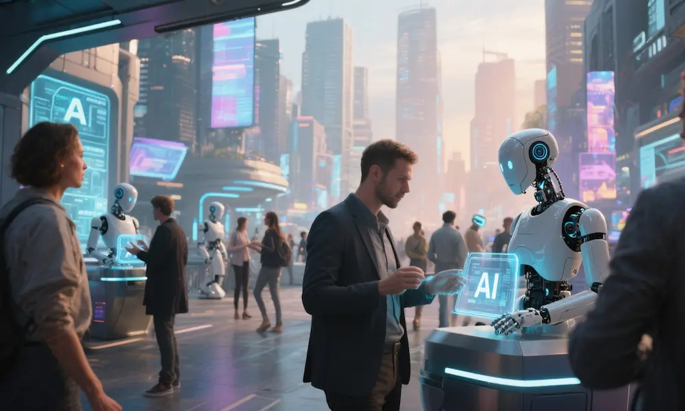 Artificial intelligence reshaping human life through digital interfaces and technology.