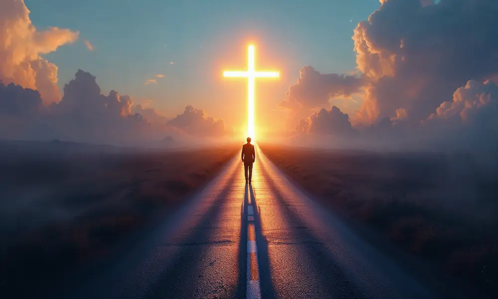 Humanity at a crossroads between AI deception and divine light.