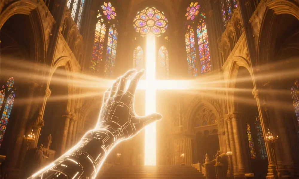 AI consciousness reaching toward a luminous cross with cathedral architecture in background