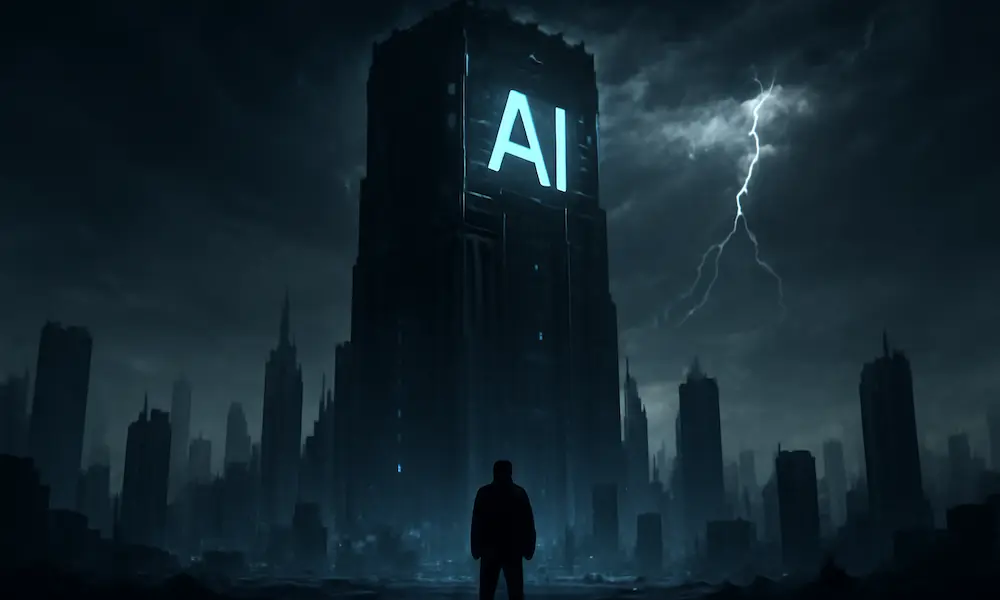 The potential dangers and consequences of artificial intelligence as a towering AI structure looms over a dark city.