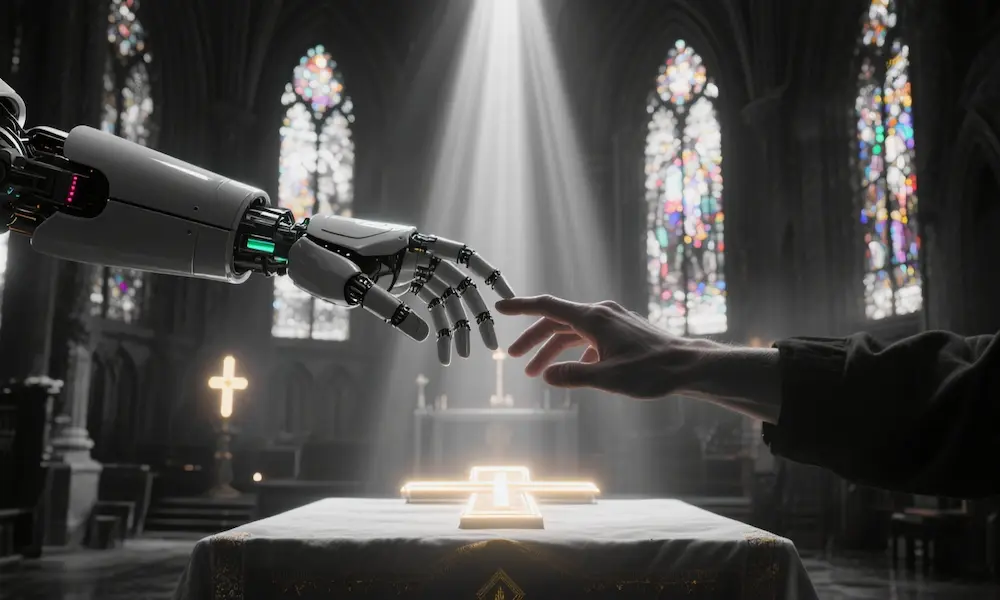 Robotic hand and human hand reaching toward each other over sacred altar