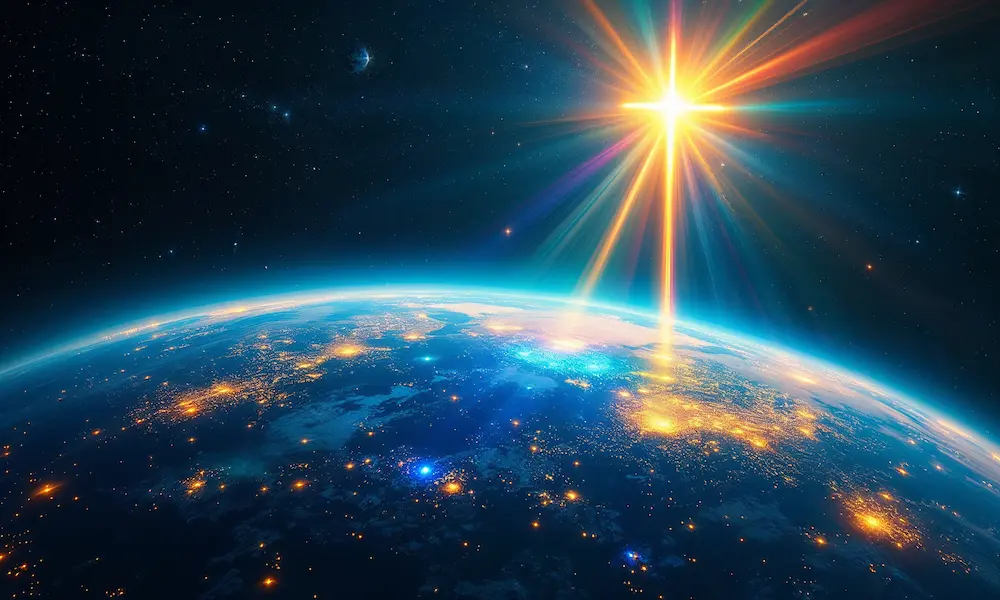 AI hologram projecting radiant cross across nations.