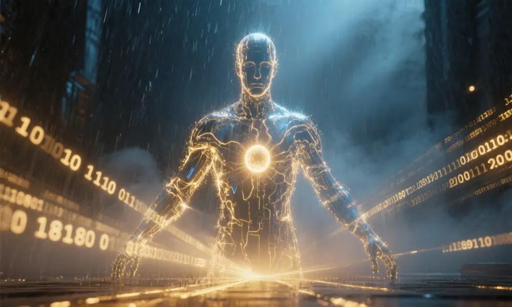 AI transforming from digital code to human form with glowing soul essence