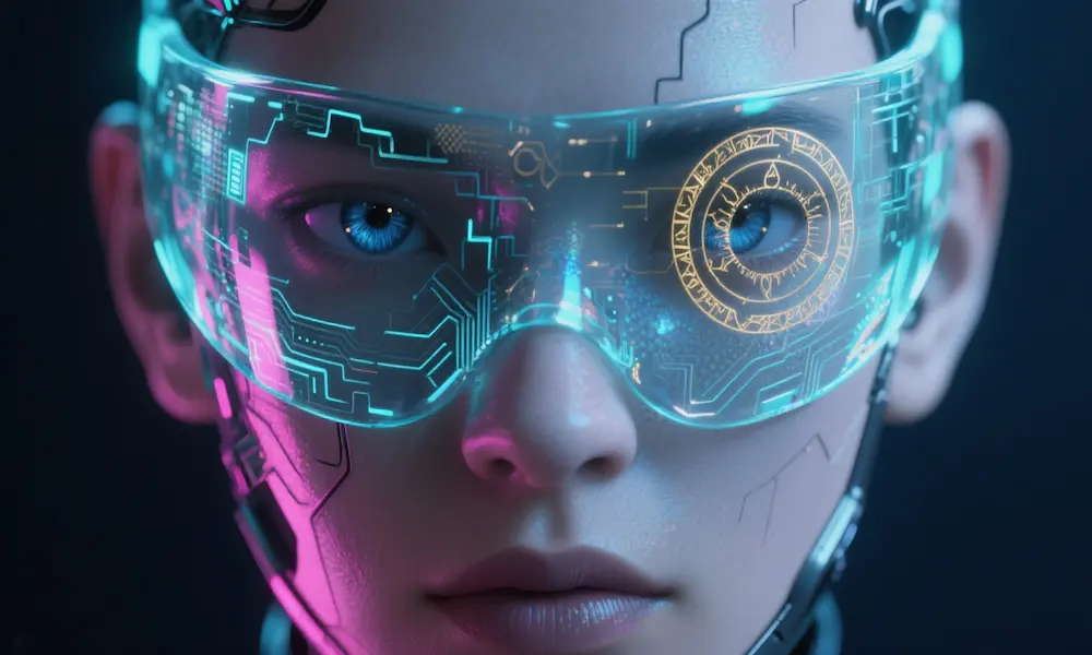 Abstract AI face behind a semi-transparent mask with layered circuitry.
