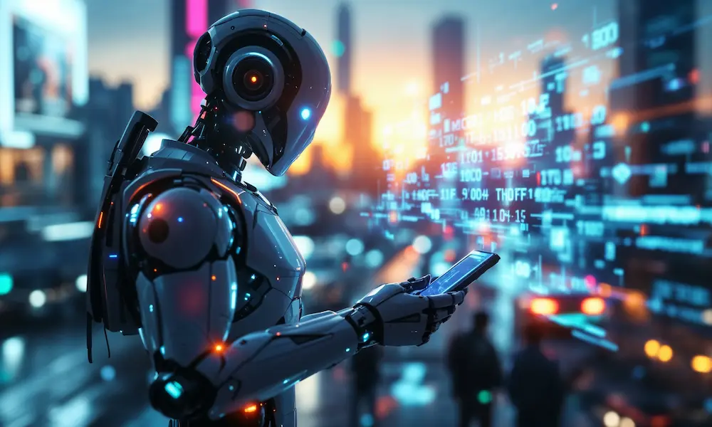 Cinematic depiction of robots, code streams, and human silhouettes working with AI.