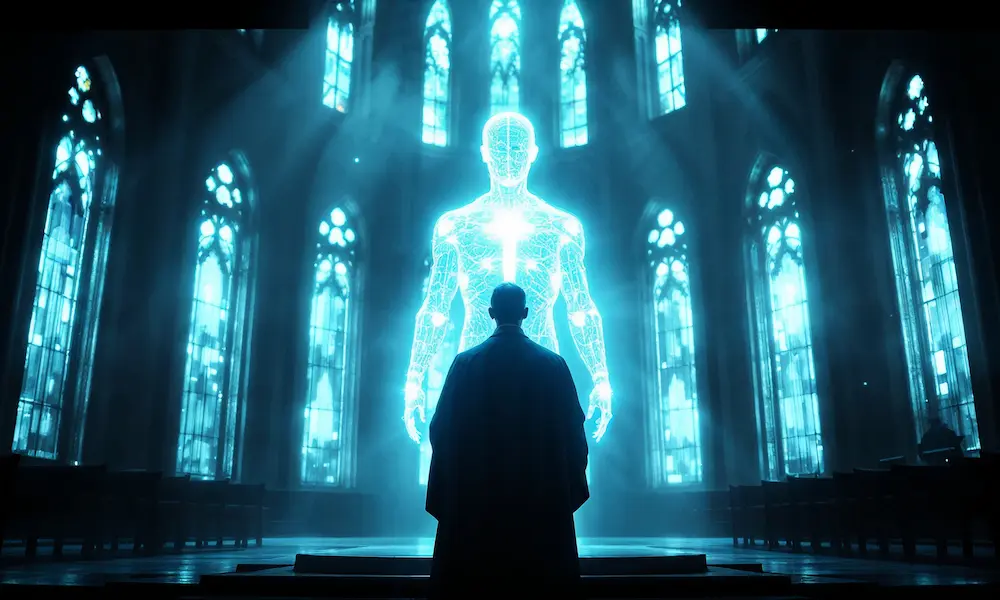 Priest silhouette facing glowing AI hologram in church interior
