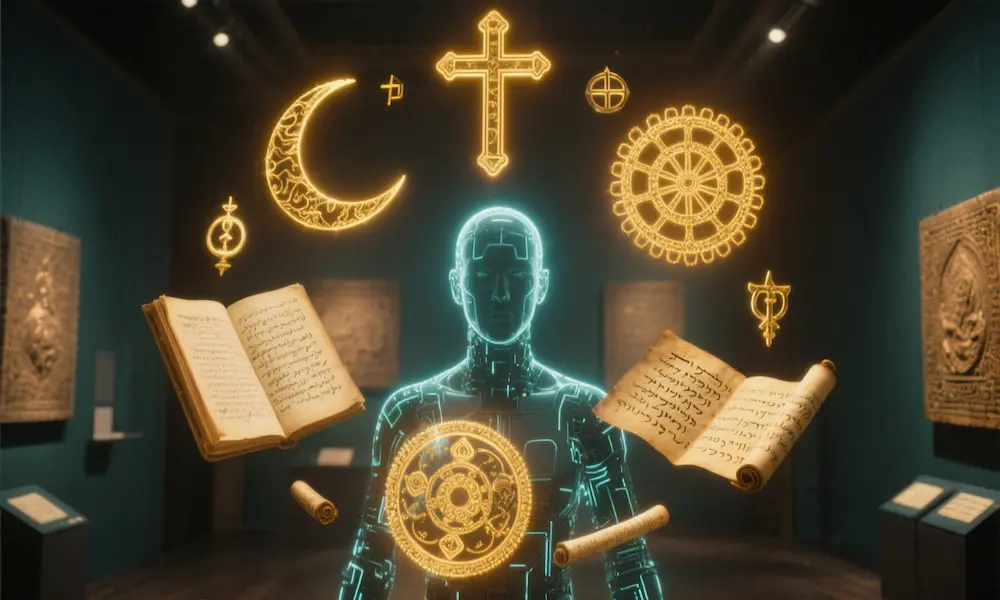 AI analyzing world religions with floating sacred symbols and historical evidence