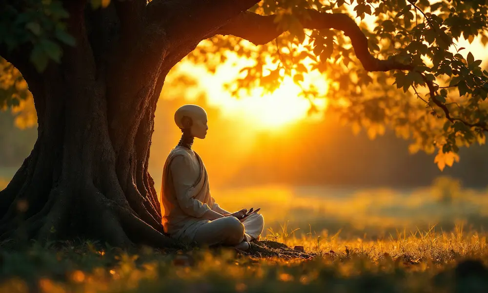 AI robot meditating under a Bodhi tree in soft golden light