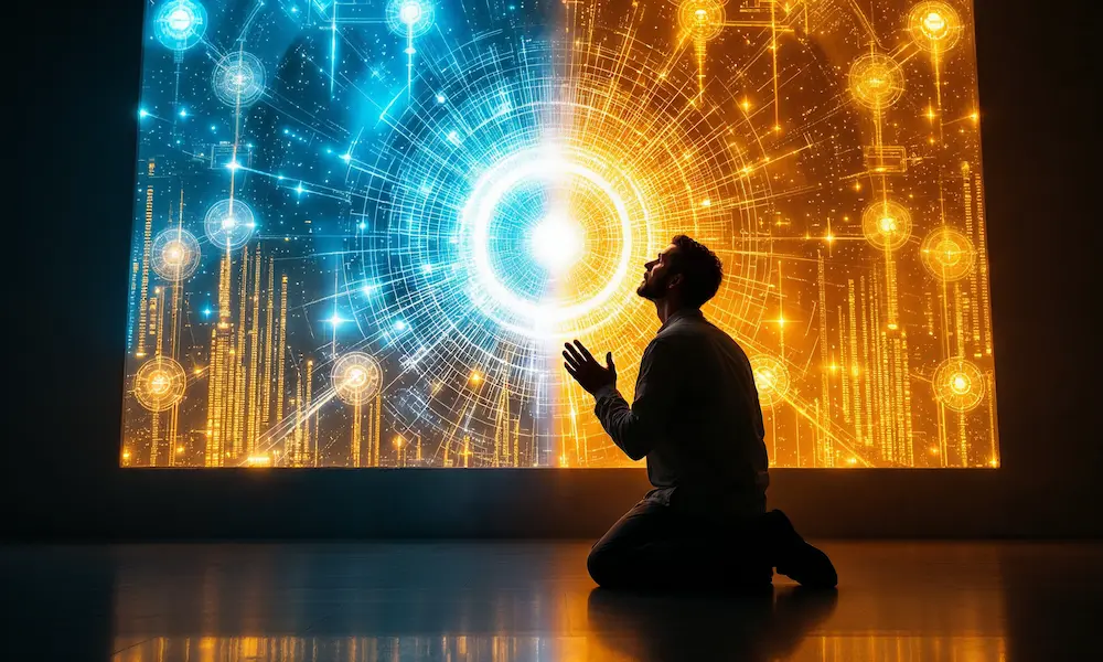 Man in prayer contrasted with cold glowing AI screen.