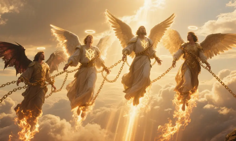 The four archangels descending in light to chain the Watchers.