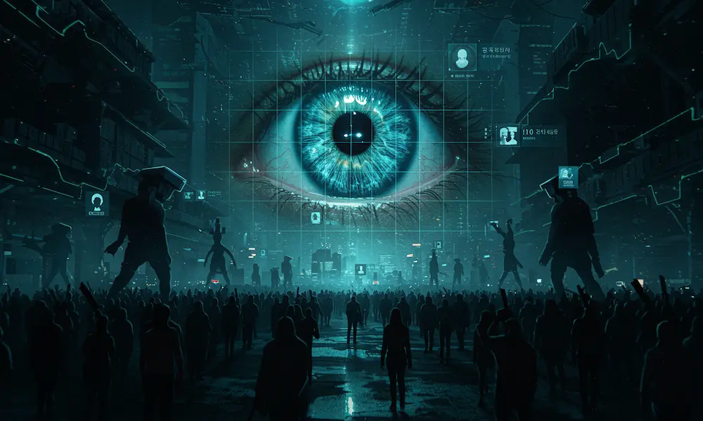 Dystopian cityscape with giant digital eye monitoring citizens, facial recognition grids, and biblical beast imagery emerging from technology