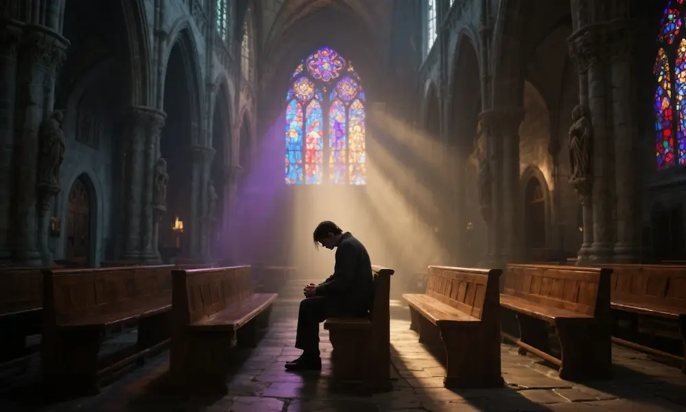 Silhouette of a person sitting alone in a church pew, head bowed in grief, with soft light streaming through stained glass.