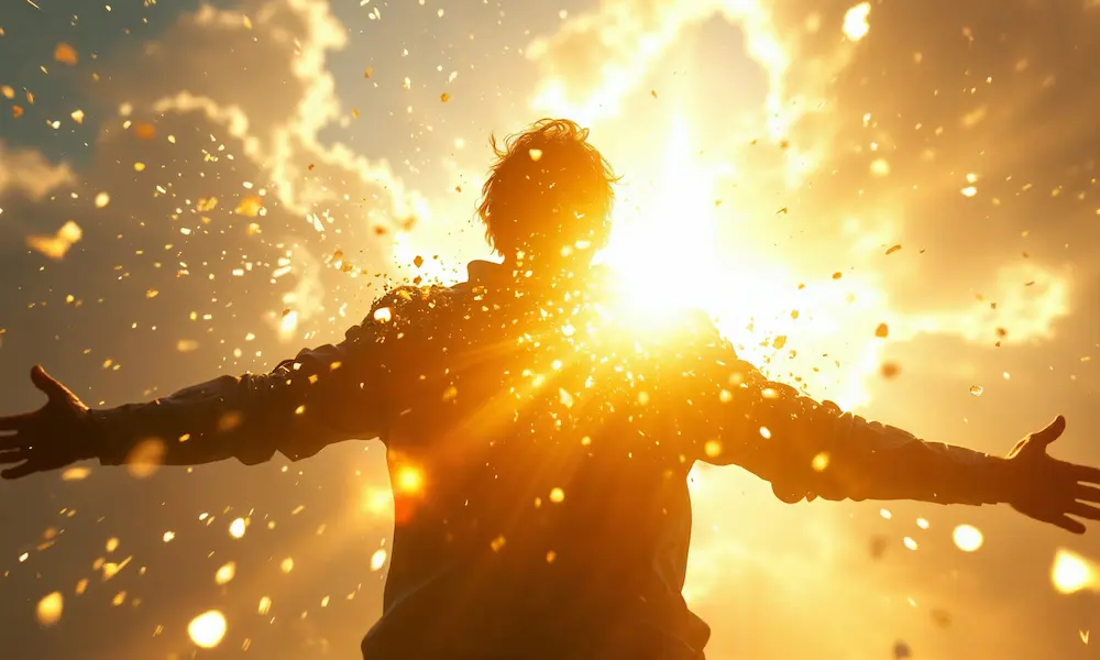 Person breaking free from glowing chains, symbolizing freedom from soul ties.