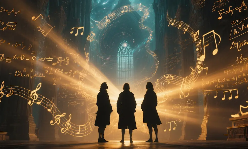 Silhouettes of history's greatest thinkers contemplating divine light and mathematical equations