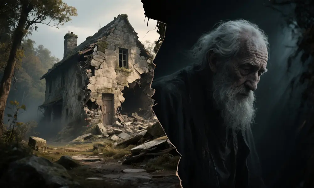 Artistic split-panel of Cain’s possible deaths—old age and a collapsing house.