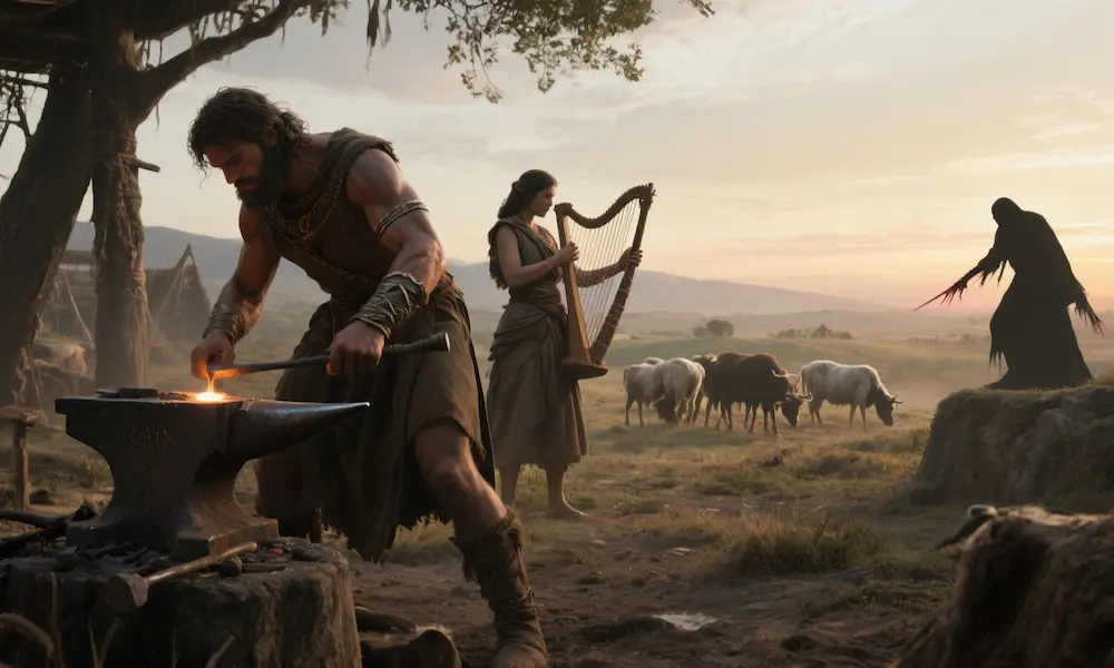 Cain’s descendants forging metal, playing music, herding animals, and a shadowy figure symbolizing violence—innovation and infamy side by side.