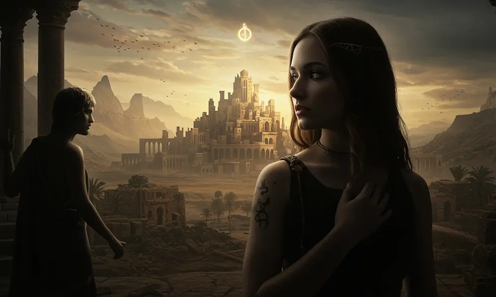 Cain and a mysterious woman, with the first city emerging behind them.