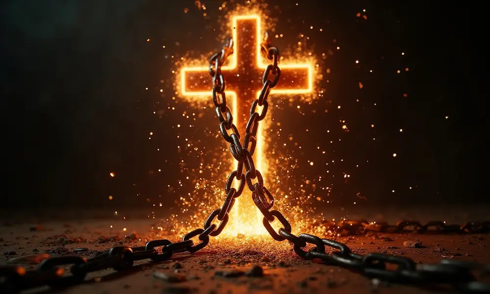 Chains breaking before a glowing cross