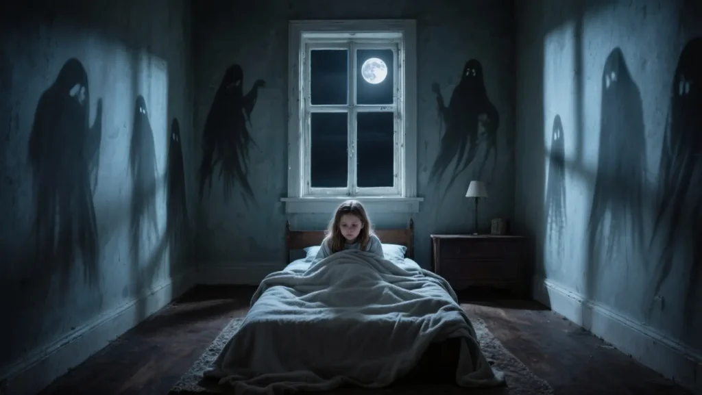 Child hiding under blankets from shadowy forms in a dark room.