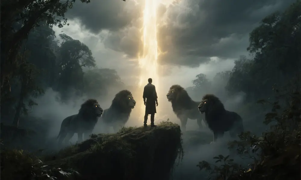 Person facing shadowy figures at night, symbolizing spiritual battles.