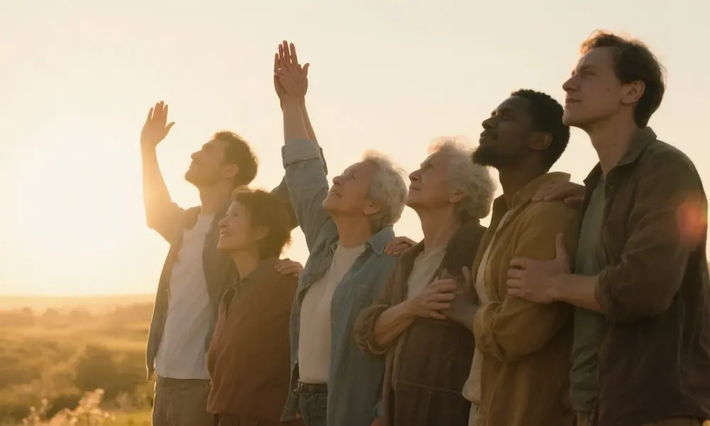 Group of people united in hope and victory, morning light shining.